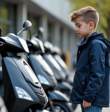 Jeune garçon inspectant des scooters en ville