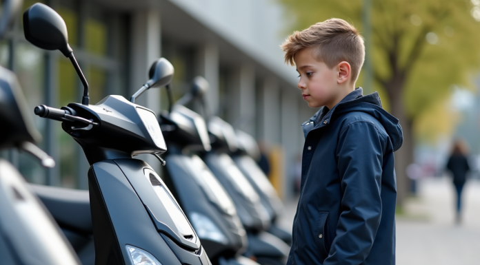 Jeune garçon inspectant des scooters en ville