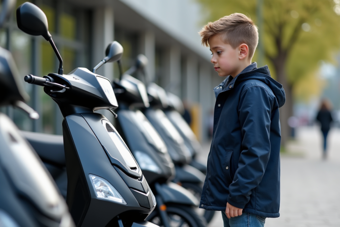 Jeune garçon inspectant des scooters en ville