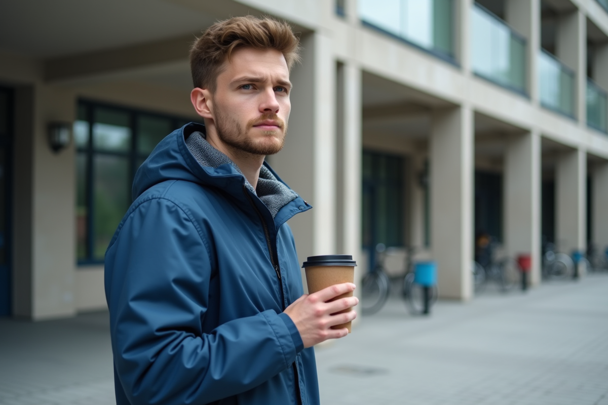 Jeune homme buvant un café devant une universite