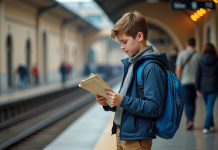 Jeune garçon avec sac à dos sur une plateforme de train en Europe