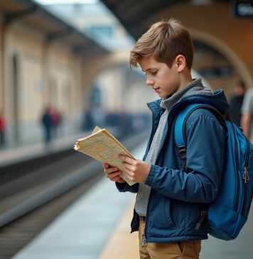 Voyager seul à 13 ans : conseils et astuces pour une expérience sécurisée et enrichissante Jeune garçon avec sac à dos sur une plateforme de train en Europe