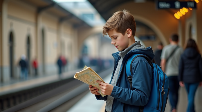 Jeune garçon avec sac à dos sur une plateforme de train en Europe