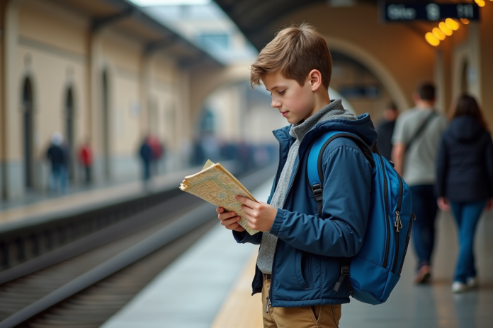 Jeune garçon avec sac à dos sur une plateforme de train en Europe