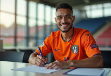 Joueur en maillot orange signe un contrat dans un stade
