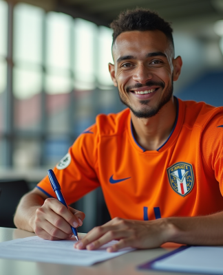 Joueur en maillot orange signe un contrat dans un stade