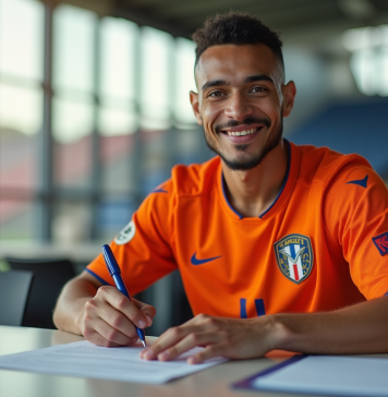 Joueur en maillot orange signe un contrat dans un stade