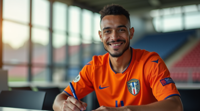 Joueur en maillot orange signe un contrat dans un stade