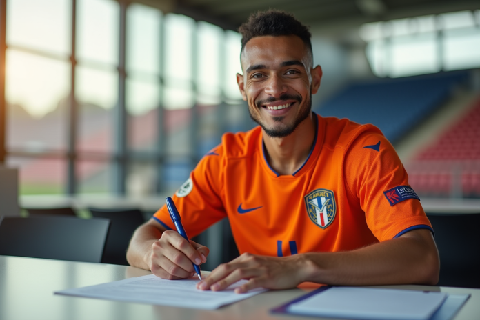 Joueur en maillot orange signe un contrat dans un stade