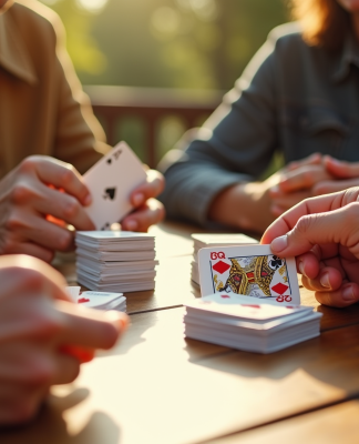 Deux personnes jouant à la crapette avec des cartes traditionnelles en plein jour