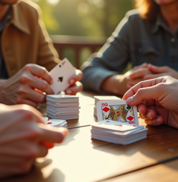 Deux personnes jouant à la crapette avec des cartes traditionnelles en plein jour