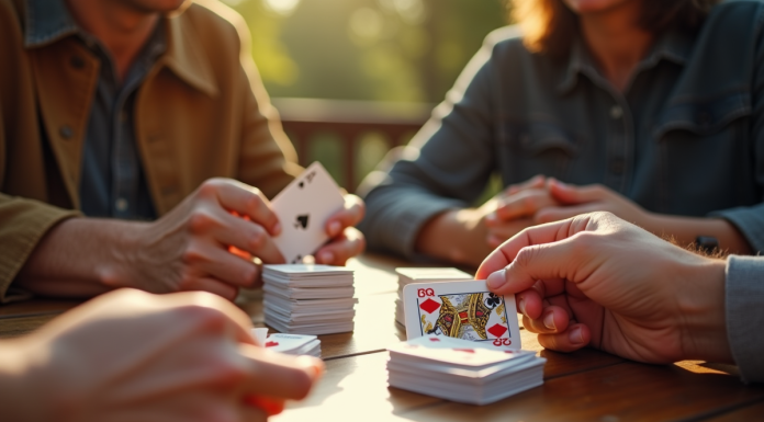 Deux personnes jouant à la crapette avec des cartes traditionnelles en plein jour