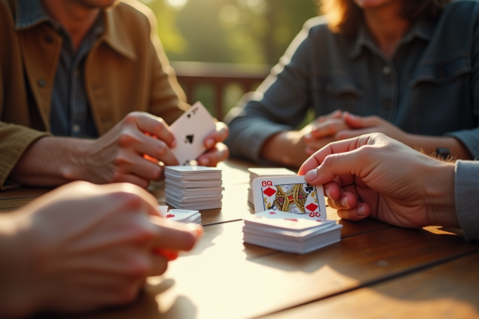 Deux personnes jouant à la crapette avec des cartes traditionnelles en plein jour