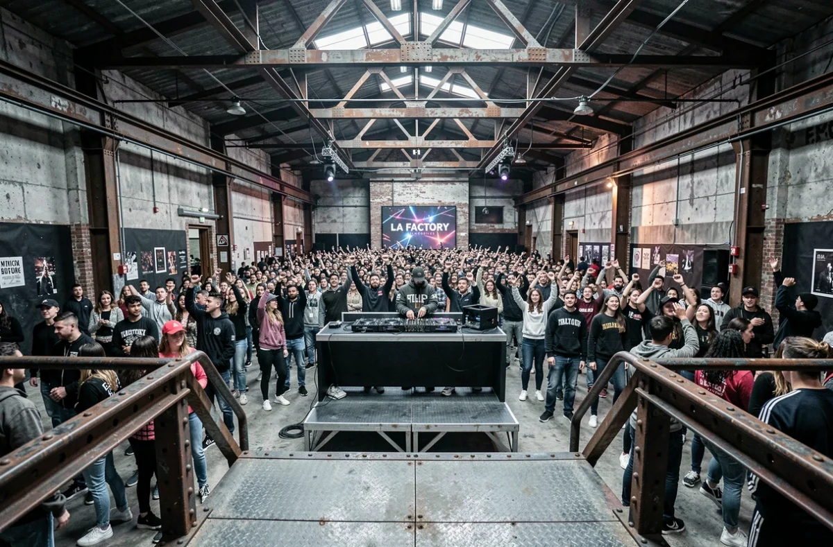 Ambiance industrielle de La Factory Discothèque à Brest avec piste de danse centrale et structure métallique