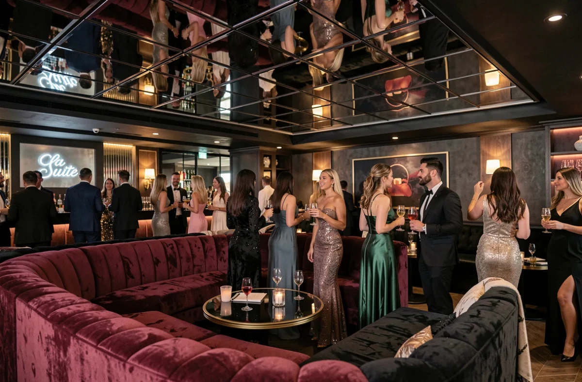 Intérieur chic de La Suite à Brest avec salon lounge en velours et clientèle élégante
