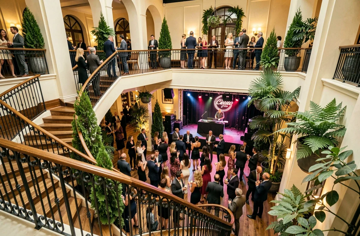 Grande salle du Cèdre à Quimper vue depuis la mezzanine avec escalier en colimaçon et décor végétal
