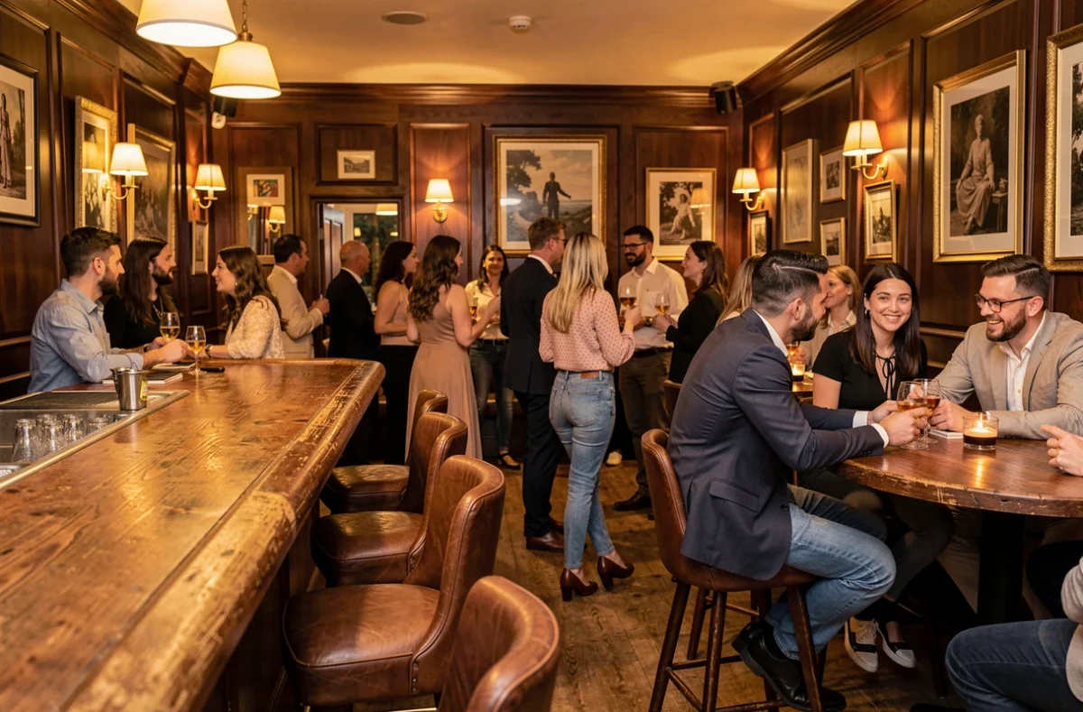 Ambiance intime du Conti à Brest avec boiseries sombres, bar en bois et clientèle décontractée