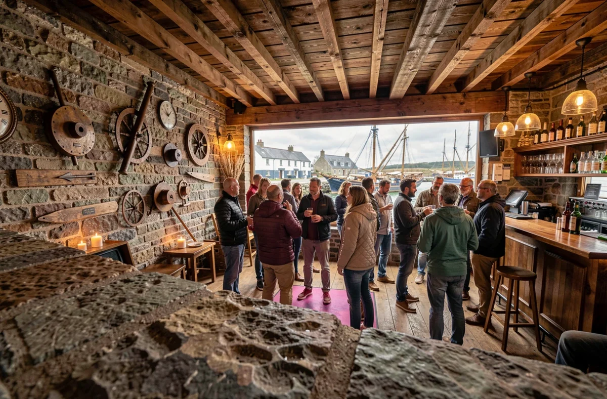 Intérieur rustique du Pourquoi Pas à Douarnenez avec murs en pierre et ambiance port de pêche