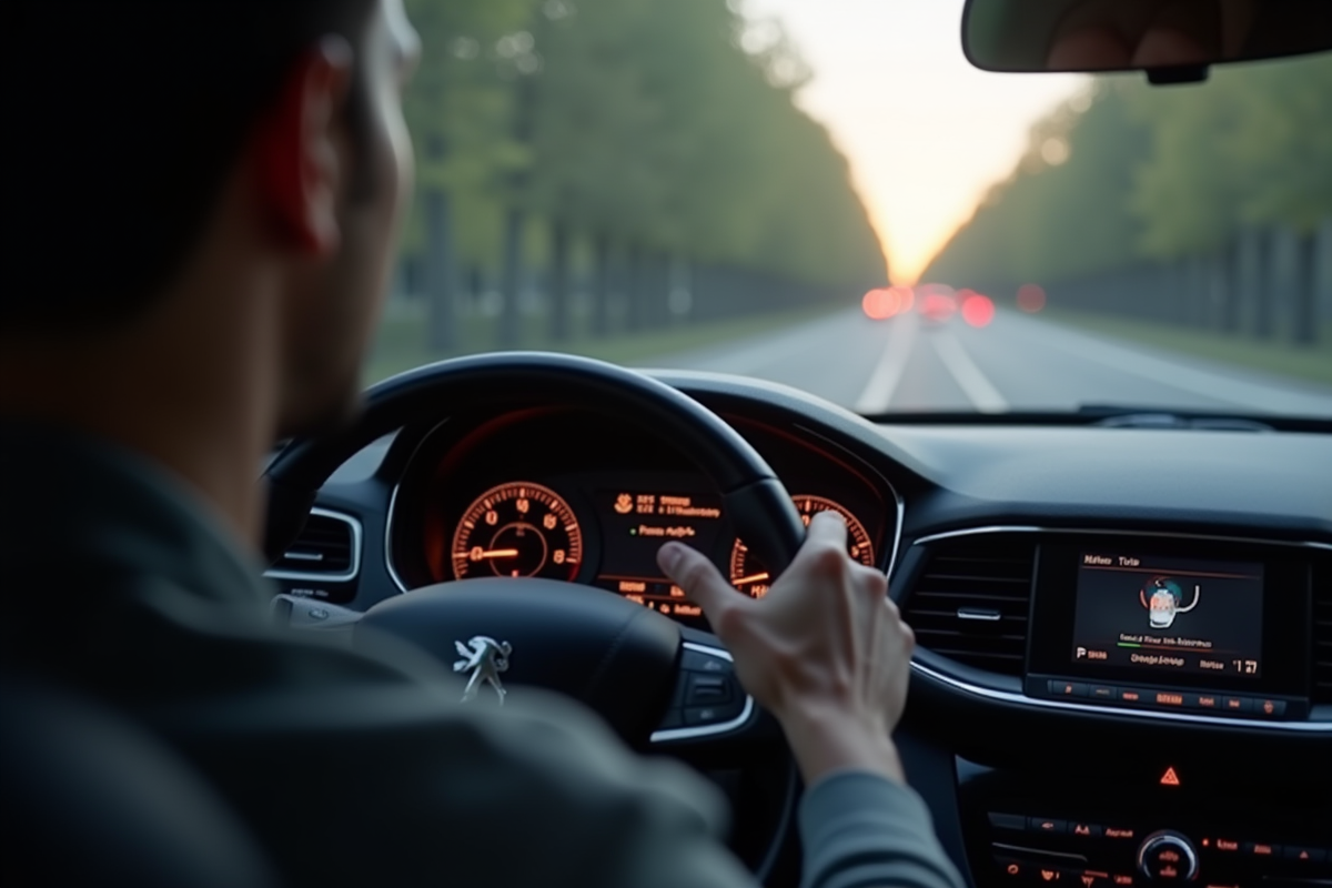 Conducteur lisant le voyant moteur allumé sur le tableau de bord Peugeot