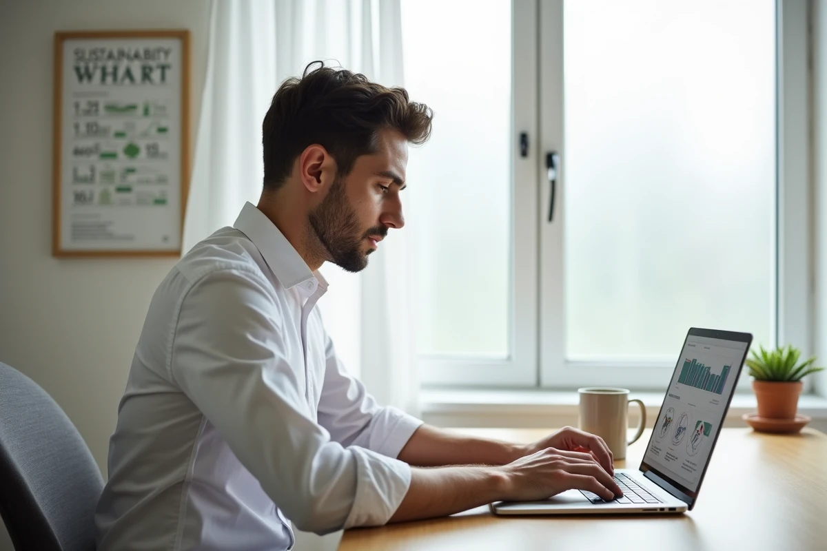 Professionnel lisant un article de blog ESG couplé à un rapport extra-financier sur son ordinateur portable en télétravail