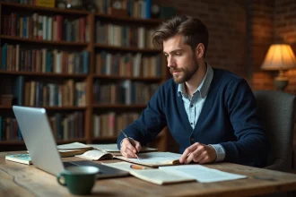 Jeune linguiste étudiant des vieux documents dans son bureau