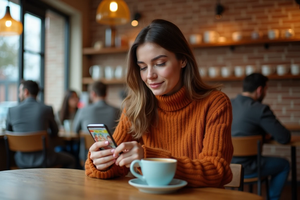 Femme lisant un webtoon fantasy sur smartphone dans un café urbain avec une ambiance détendue