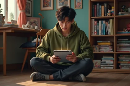 Jeune homme lisant un webtoon fantasy sur tablette dans sa chambre entourée de mangas et de figurines