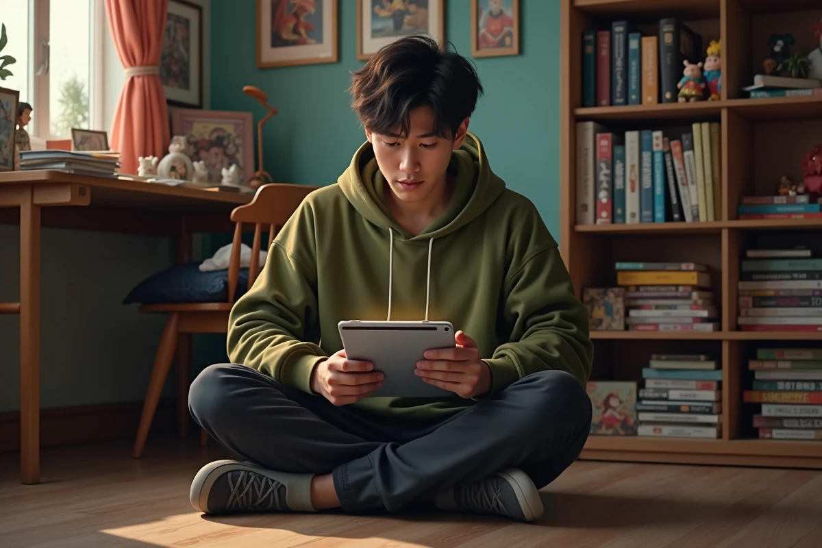 Jeune homme lisant un webtoon fantasy sur tablette dans sa chambre entourée de mangas et de figurines