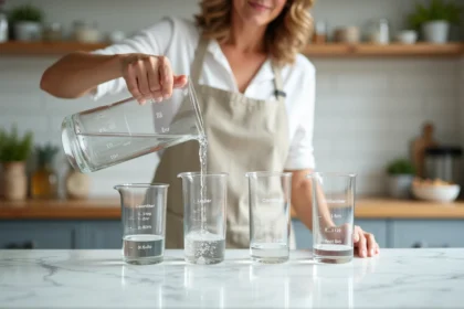 Femme versant de l'eau d'un pichet d'un litre dans des béchers gradués en centilitres et millilitres sur un plan de travail en marbre blanc