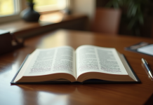 Livre juridique ouvert sur un bureau ensoleille avec stylo