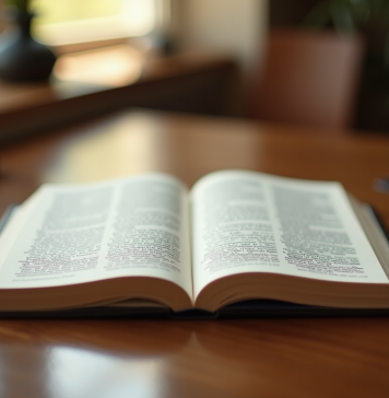 Livre juridique ouvert sur un bureau ensoleille avec stylo