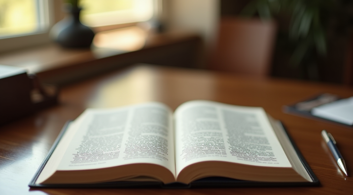 Livre juridique ouvert sur un bureau ensoleille avec stylo