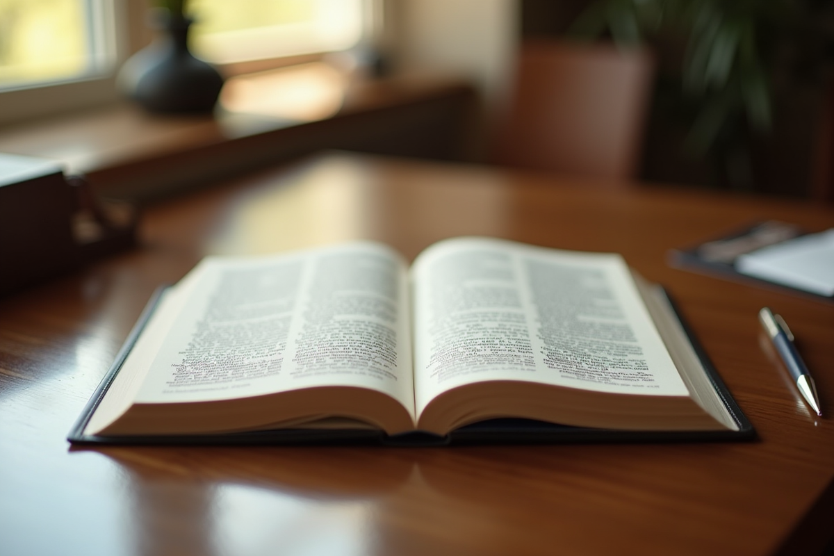 Livre juridique ouvert sur un bureau ensoleille avec stylo