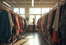 Magasin de friperie bien organisé avec vêtements rangés