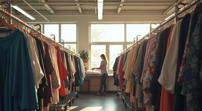 Magasin de friperie bien organisé avec vêtements rangés