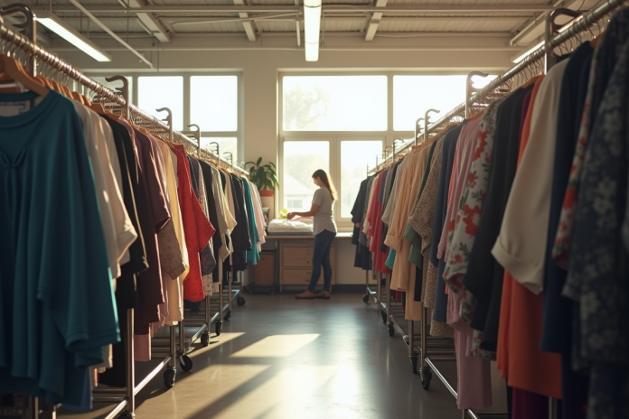 Magasin de friperie bien organisé avec vêtements rangés