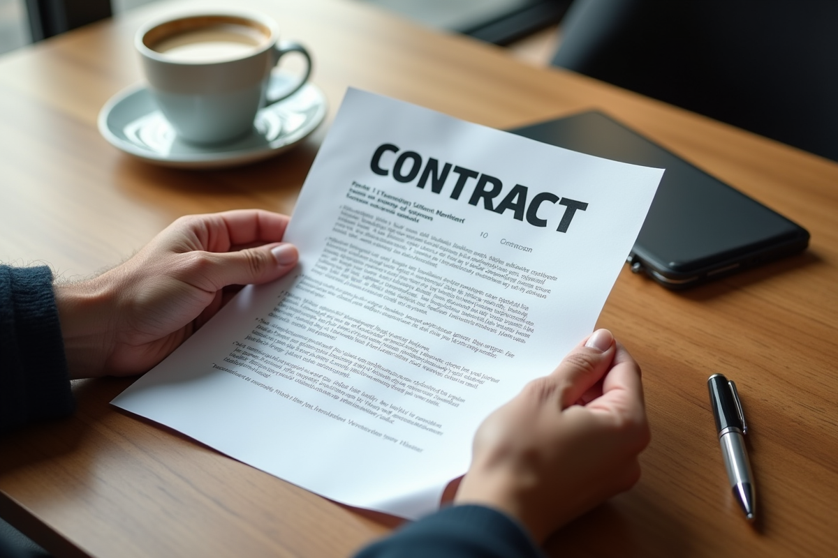 Mains tenant un contrat de gym froisse sur une table en bois
