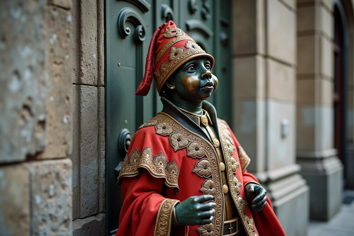 Le Manneken Pis habillé d'un costume historique brodé et détaillé, photographié en contre-plongée à Bruxelles