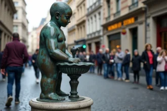 La statue du Manneken Pis sur son piédestal au carrefour de la Rue de l'Étuve à Bruxelles, entourée de touristes