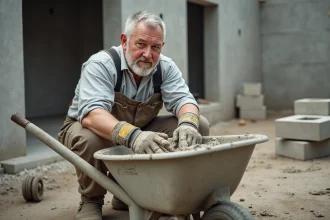 Maçon en travail mélangeant du mortier sur un chantier extérieur