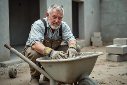 Maçon en travail mélangeant du mortier sur un chantier extérieur