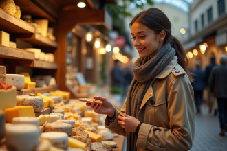Femme choisissant un fromage dans un marché parisien