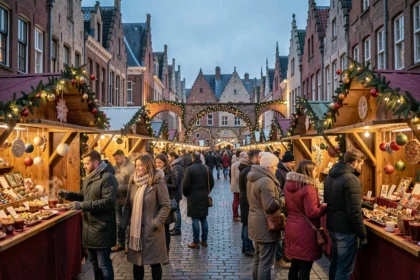 Marché de Noël animé de Lille avec des chalets en bois décorés, une foule en manteau d'hiver et des façades flamandes illuminées en soirée