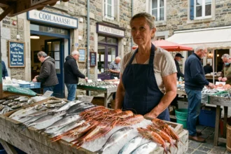 Marchande de poisson au marché authentique de Concarneau avec étal de sardines et huîtres fraîches bretonnes