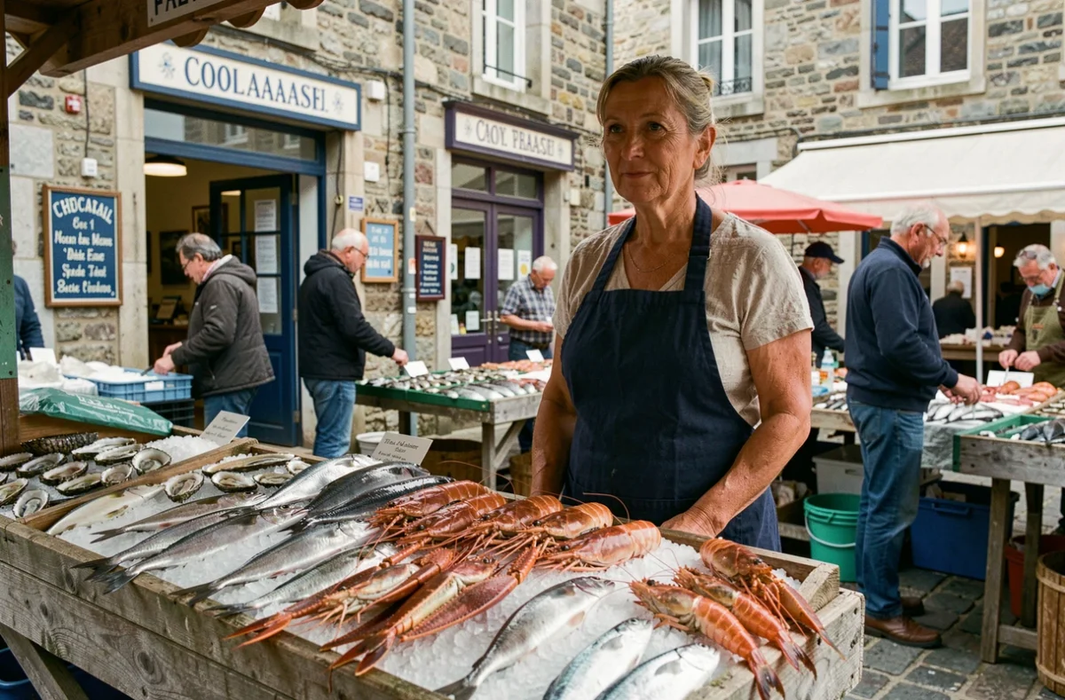 Marchande de poisson au marché authentique de Concarneau avec étal de sardines et huîtres fraîches bretonnes
