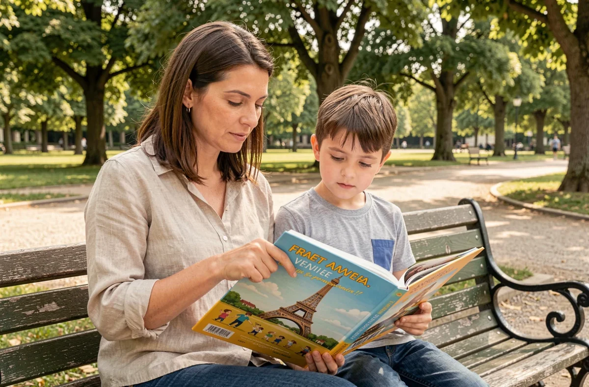 Mère et enfant lisant ensemble un livre illustré sur l'histoire de France assis sur un banc dans un parc