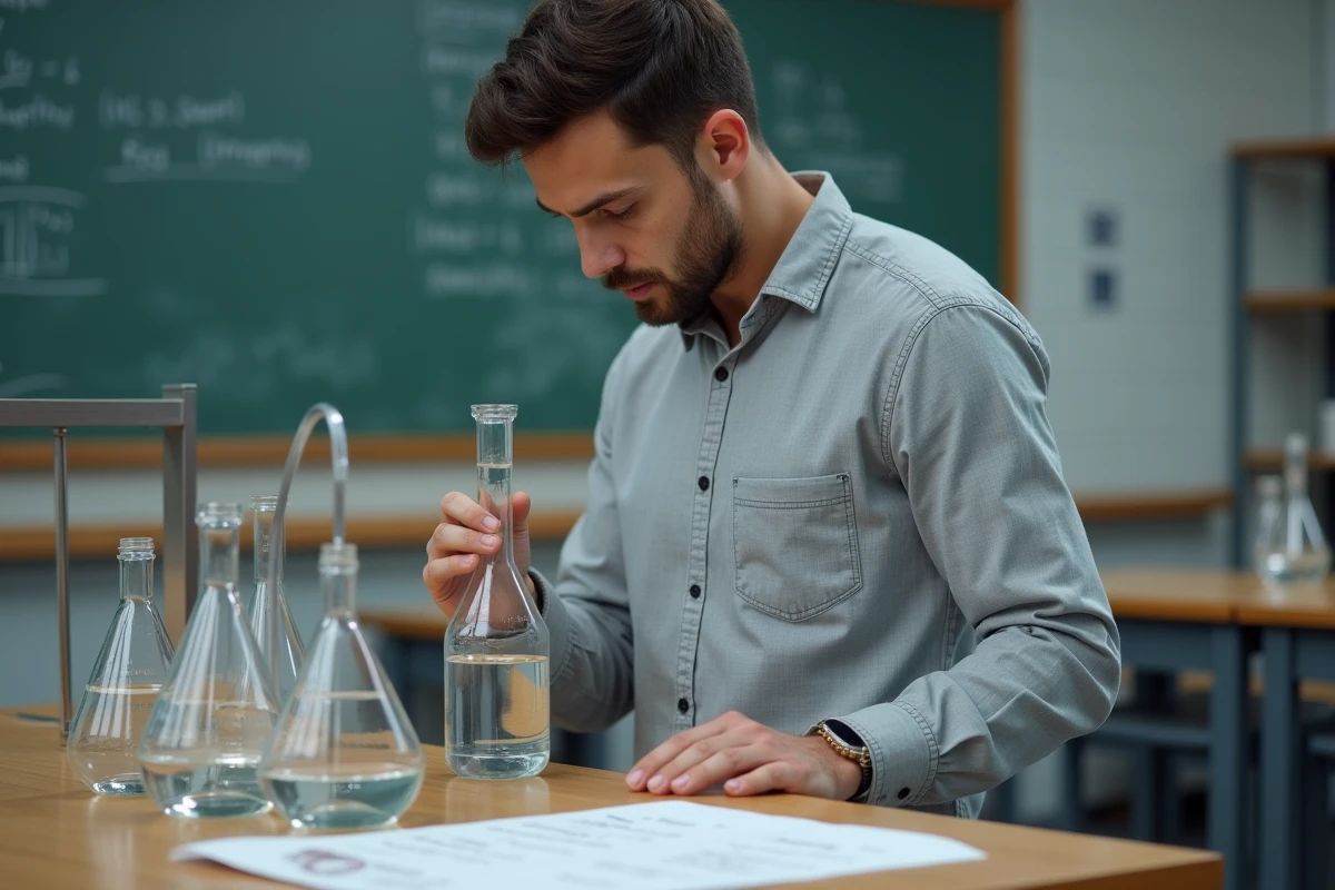 Enseignant en sciences tenant un cylindre gradué en verre et examinant des mesures en millilitres et centilitres dans un laboratoire scolaire