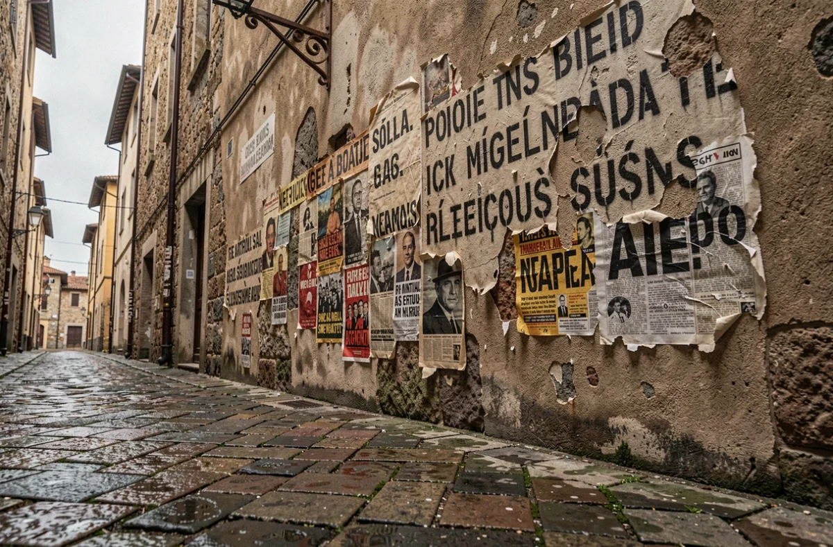 Mur de pierre dans une ruelle italienne avec des slogans politiques effacés et des affiches décollées, rappelant l'histoire antifasciste italienne