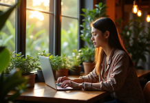 Nomade digital travaillant dans un café lumineux à Chiang Mai