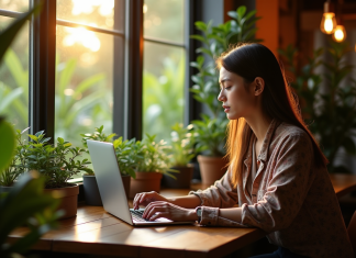 Nomade digital travaillant dans un café lumineux à Chiang Mai